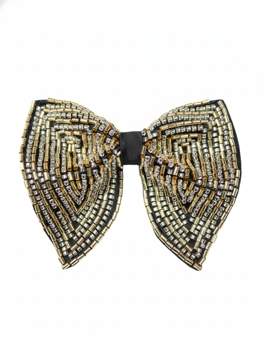 Hand-Embroidered Gold & Silver Butterfly Bow Tie