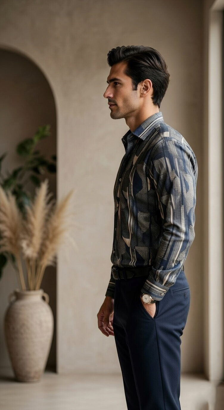 Designer Men’s Abstract Geometric Print Shirt – Modern Slate & Charcoal Art-Deco Motif - Image 2