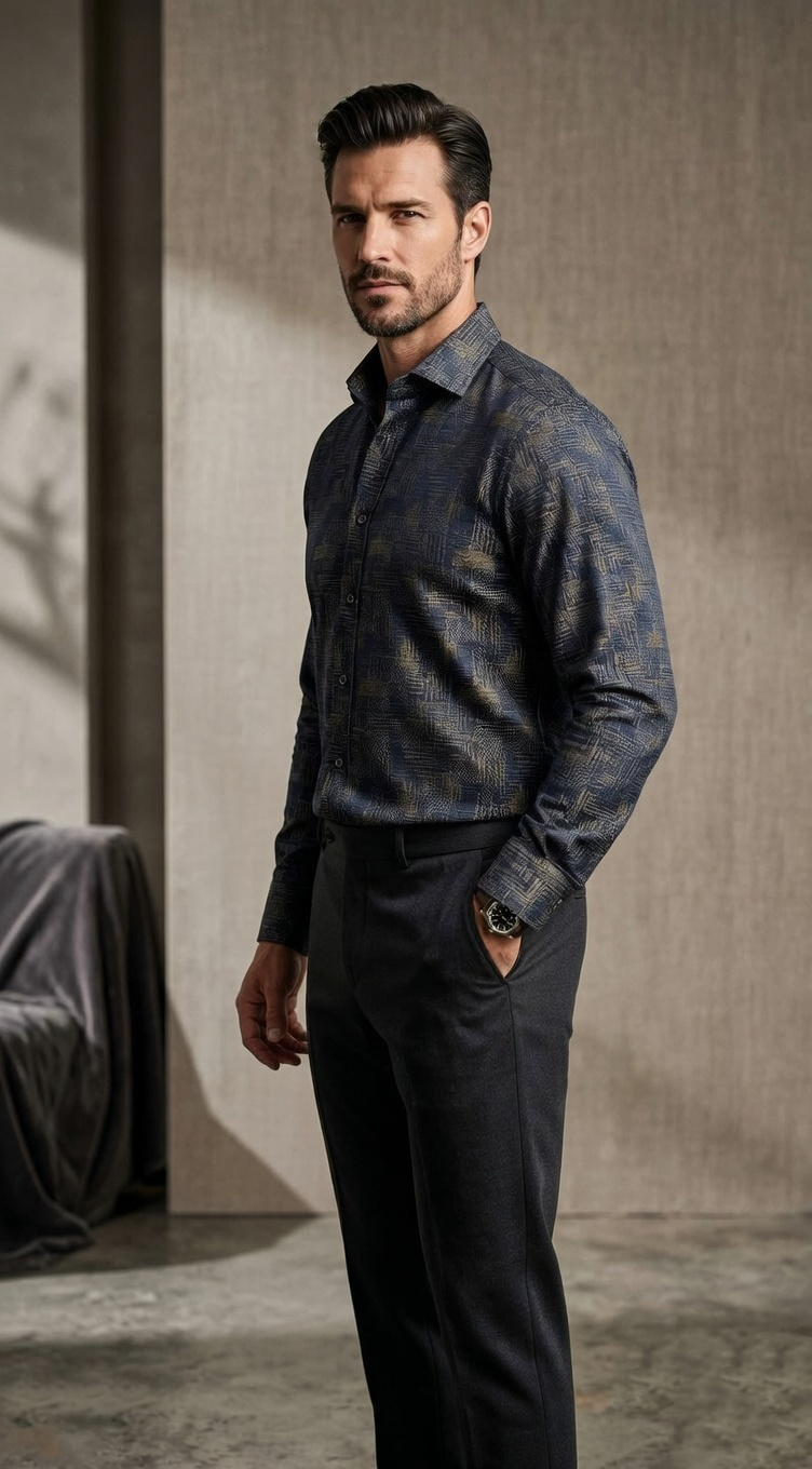 Designer Men’s Navy & Gold Jacquard Shirt – Abstract Cross-Hatch Textured Dress Shirt - Image 2