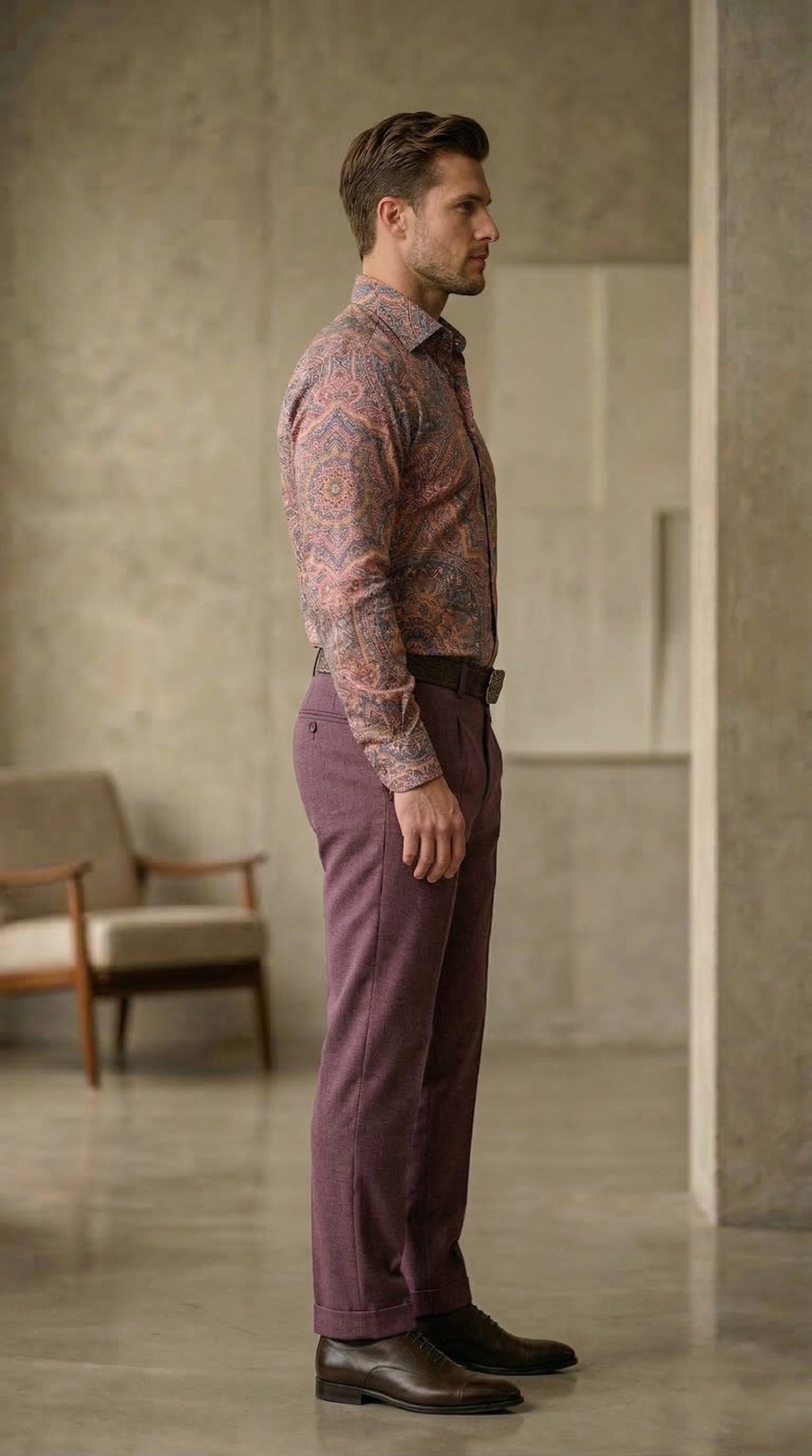 Designer Men’s Ornate Mandala Print Shirt – Sunset Copper & Plum Kaleidoscope Motif - Image 4