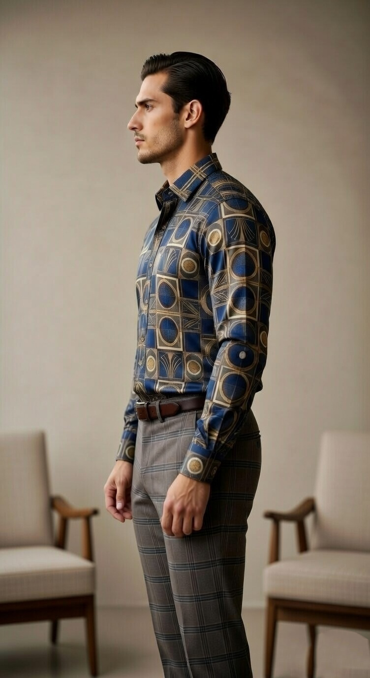 Designer Men’s Art Deco Tile Print Shirt – Navy & Gold Architectural Motif - Image 2