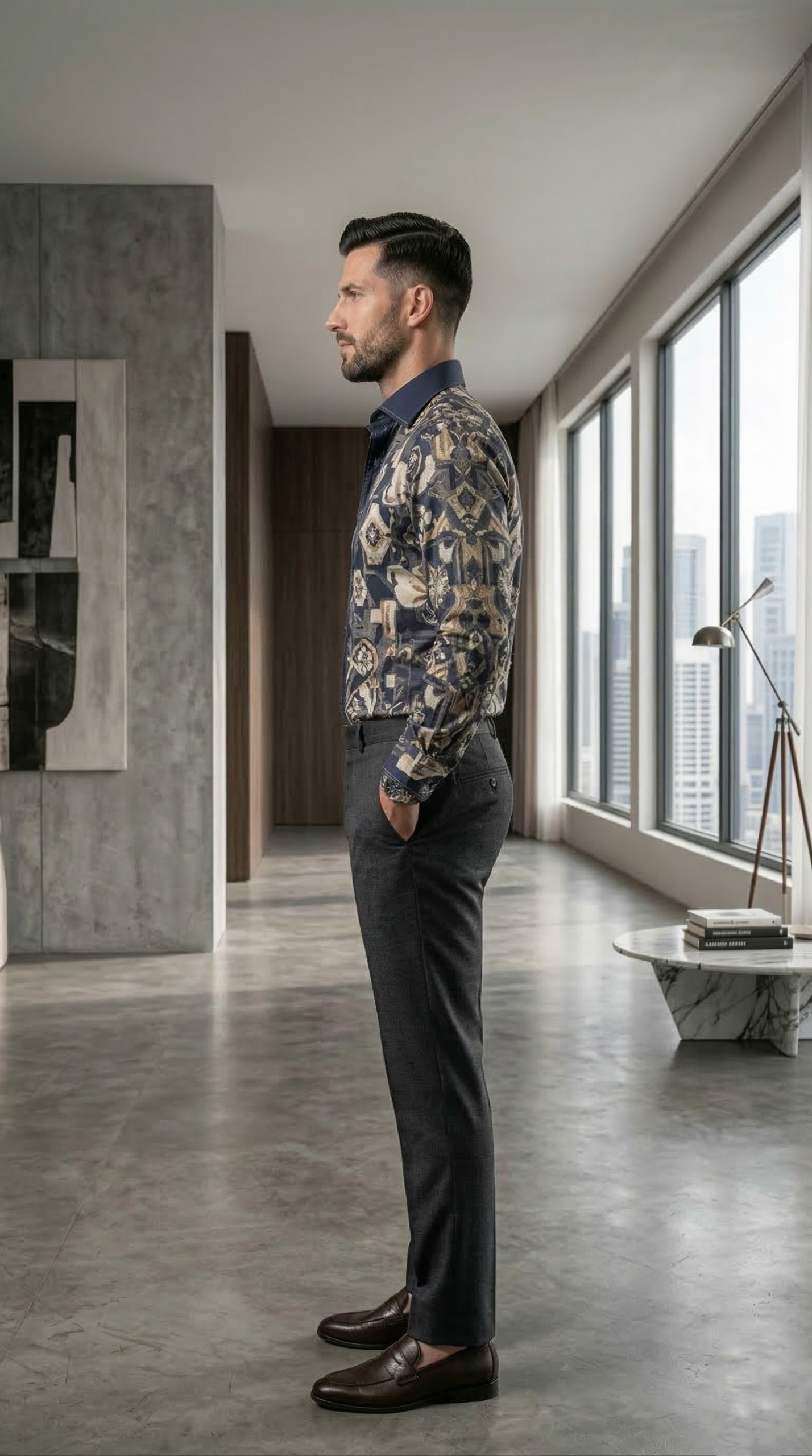 Designer Men’s Baroque Floral Print Shirt – Navy & Gold Botanical Geometric Motif - Image 2