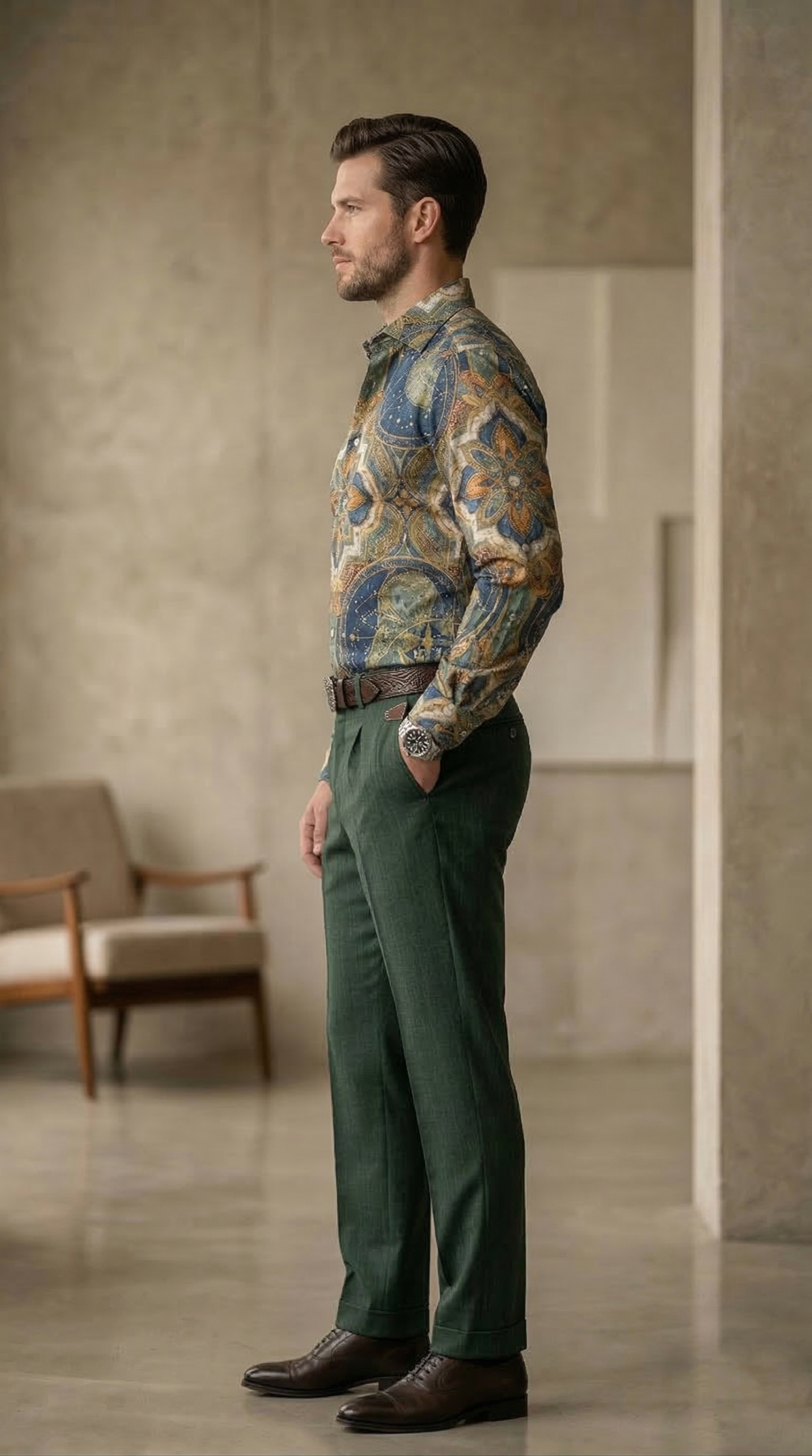 Designer Men’s Maritime Celestial Print Shirt – Deep Sea Teal & Ochre Compass Mandala Motif - Image 2