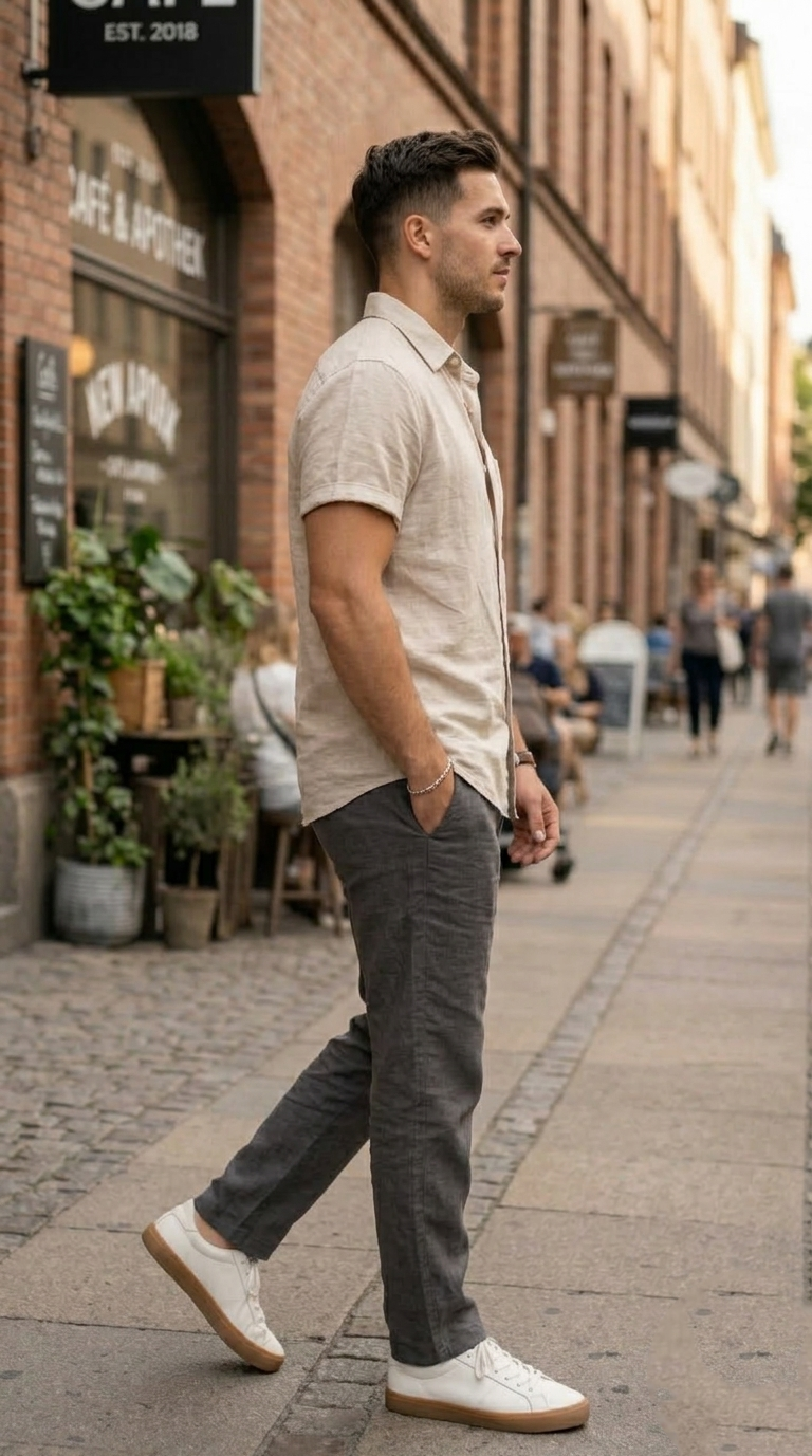 Men’s Light Beige Casual Short Sleeve Shirt – Premium Cotton Summer Shirt for Men | Stylish Relaxed Fit Button down Shirt - Image 4