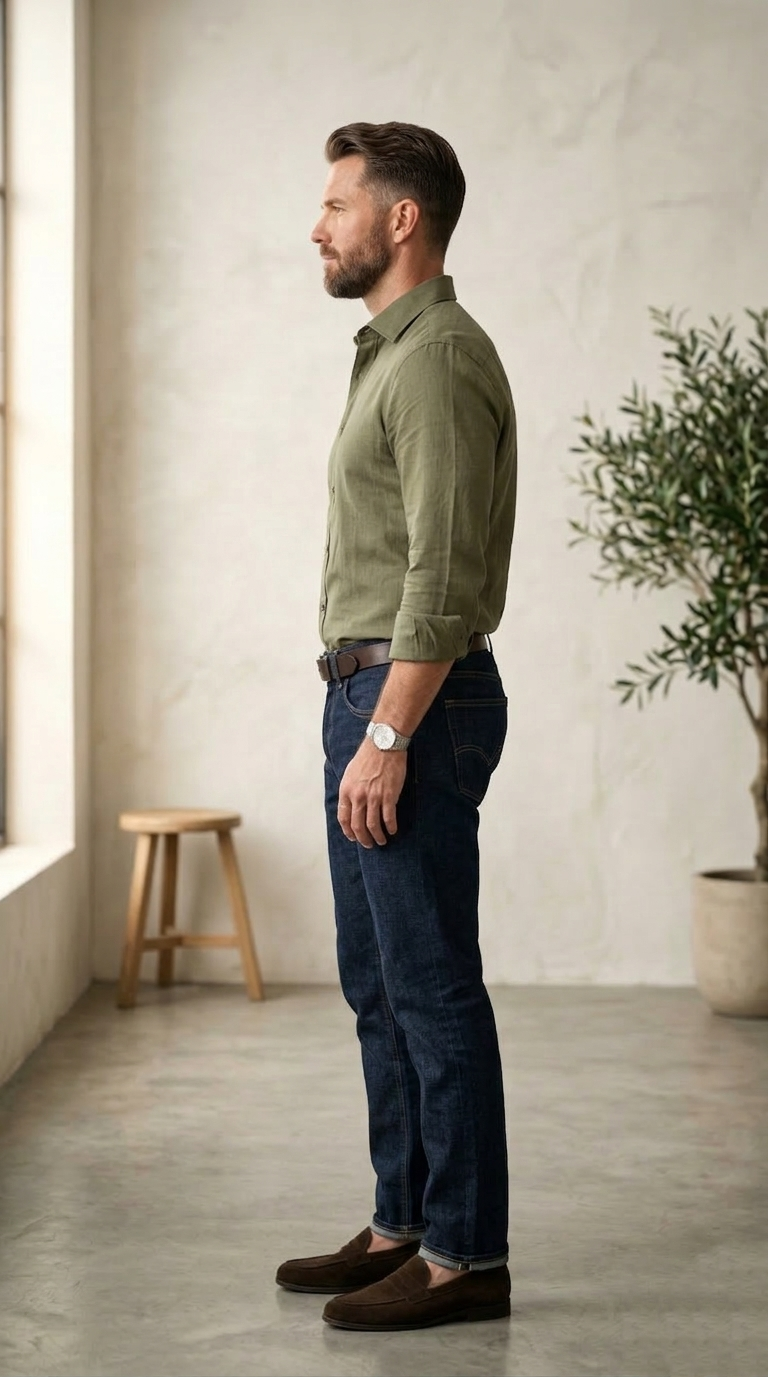 Men’s Premium Linen-Blend Button-Down Shirt in Olive Drab - Image 2