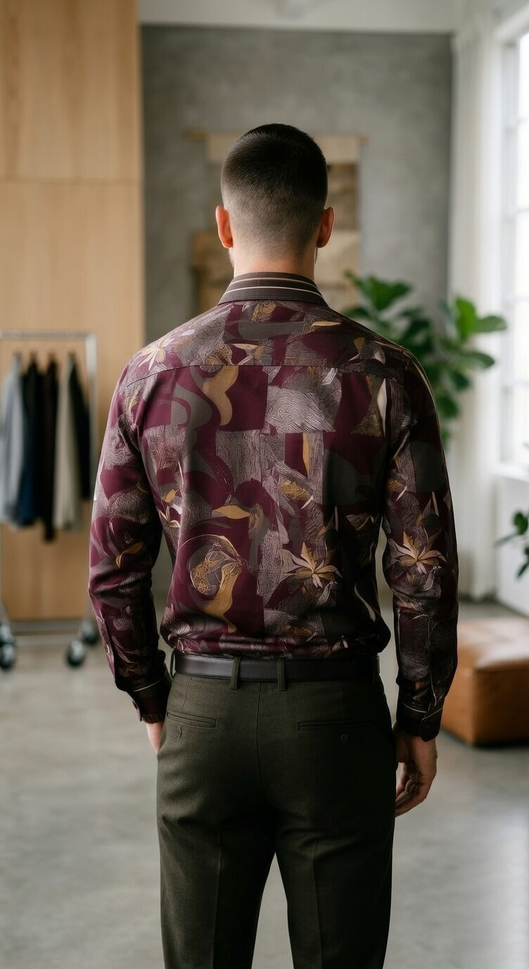 Men’s Designer Slim-Fit Abstract Mosaic Print Shirt – Burgundy & Olive Ochre - Image 3