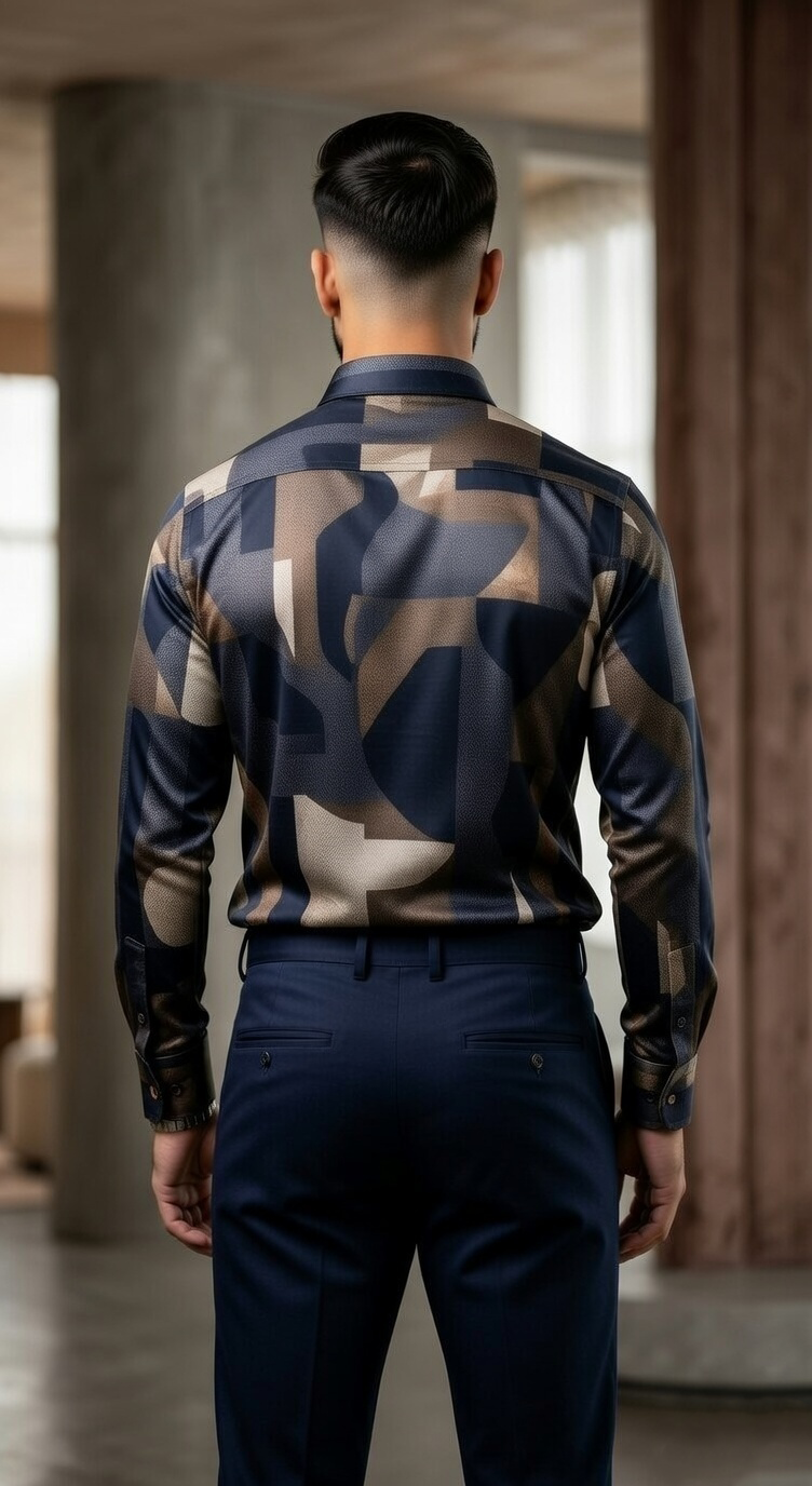 Men’s Designer Slim-Fit Abstract Fragment Print Shirt – Midnight & Burnished Bronze - Image 3