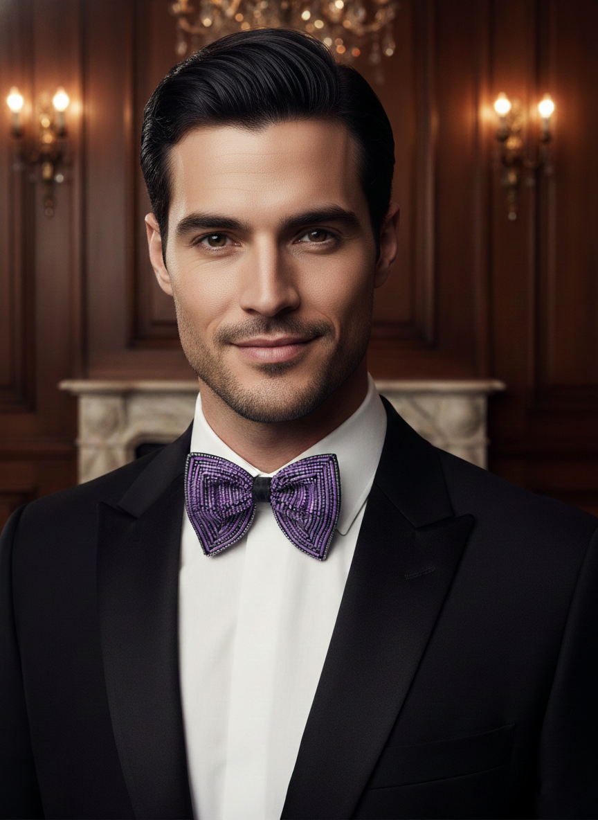 Purple Hand-Beaded Crystal Luxury Designer Bow Tie - Image 2