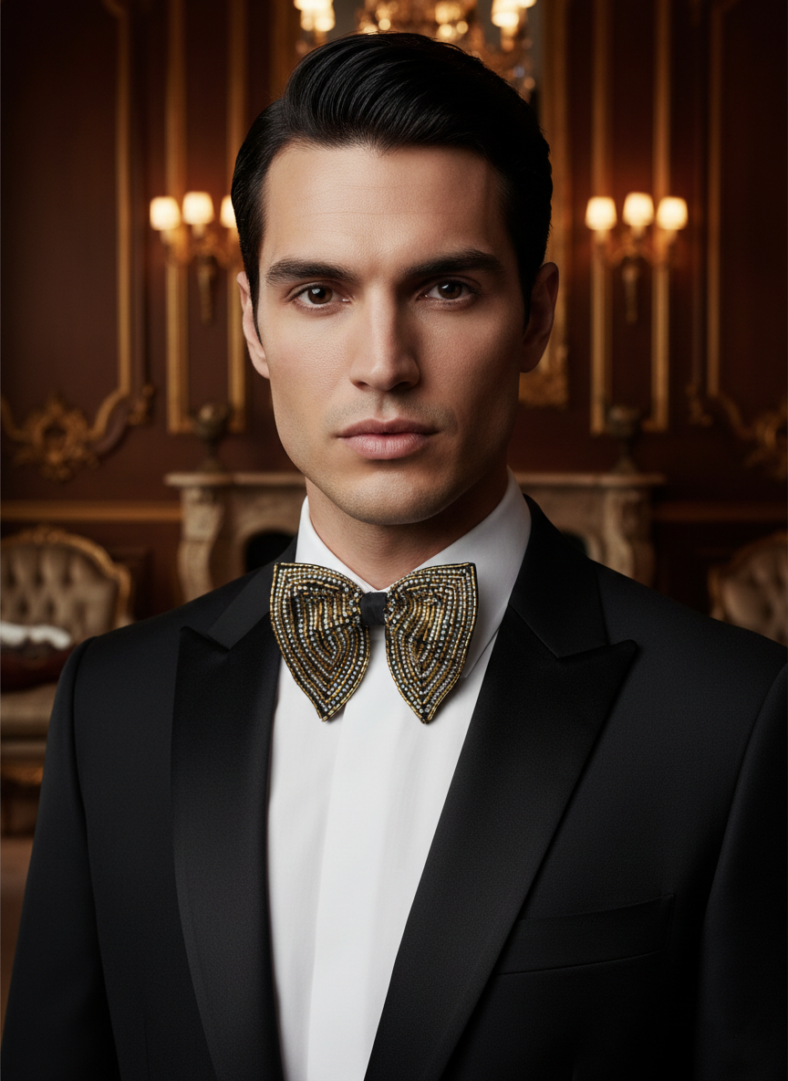 Gold & Silver Geometric Hand-Embroidered Bow Tie - Image 4