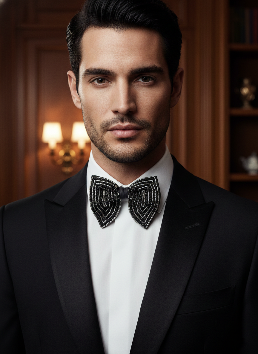 Gunmetal & Onyx Chevron Hand-Beaded Bow Tie - Image 2