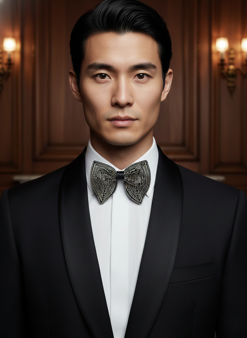 Royal Metallic Beaded Butterfly Statement Bow Tie - Image 2