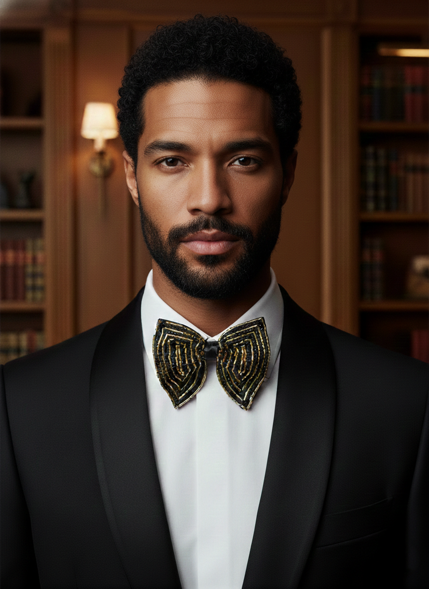 Hand-Embroidered Gold Bead Butterfly Bow Tie - Image 2