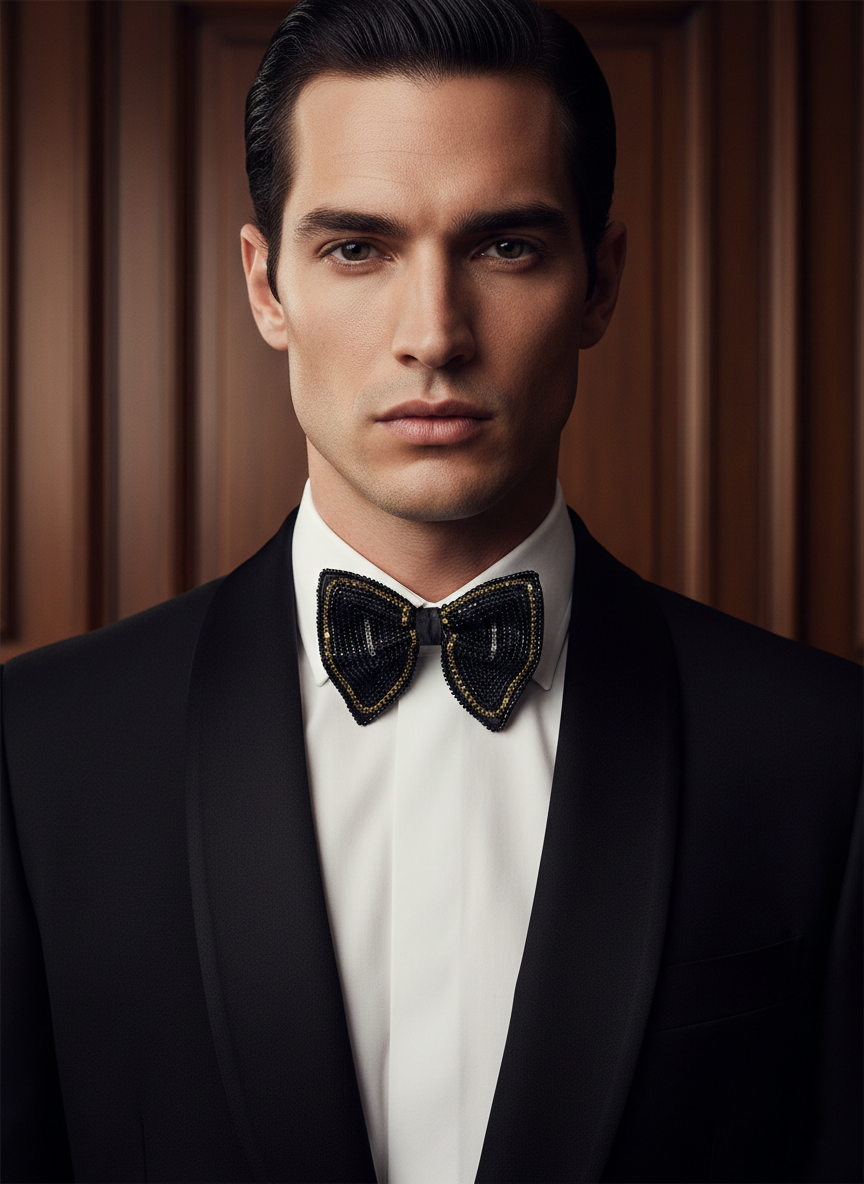 Hand-Embroidered Midnight Black Butterfly Bow Tie - Image 3