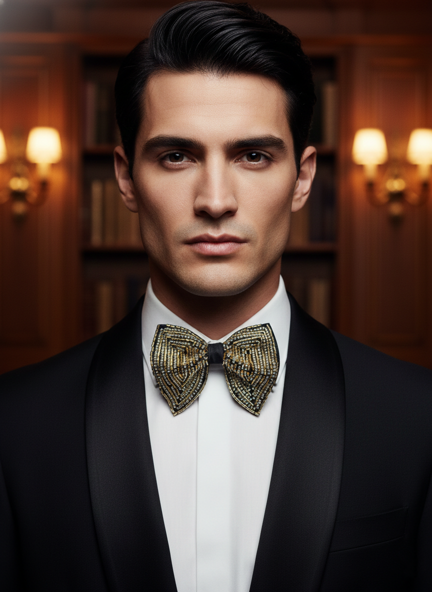 Hand-Embroidered Gold & Silver Butterfly Bow Tie - Image 2