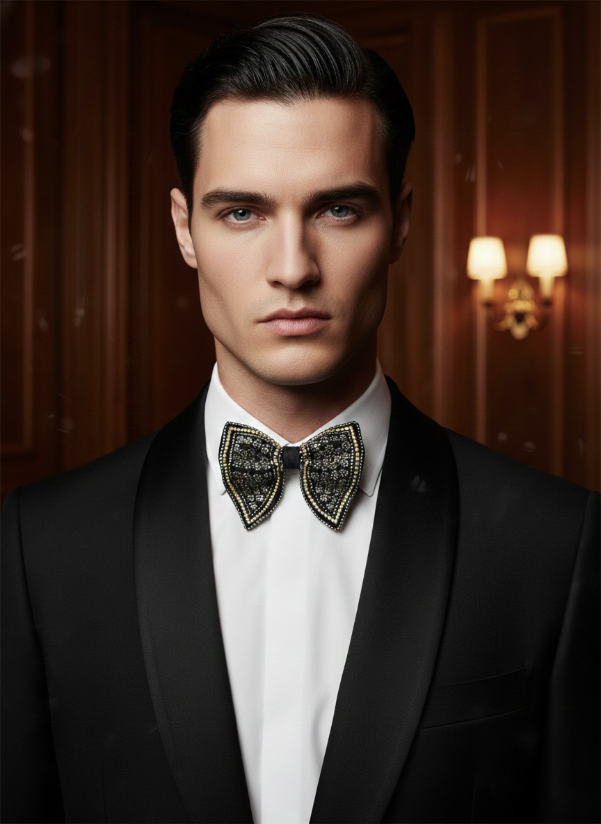 Silver-Mist: Hand-Embroidered Butterfly Bow Tie - Image 2