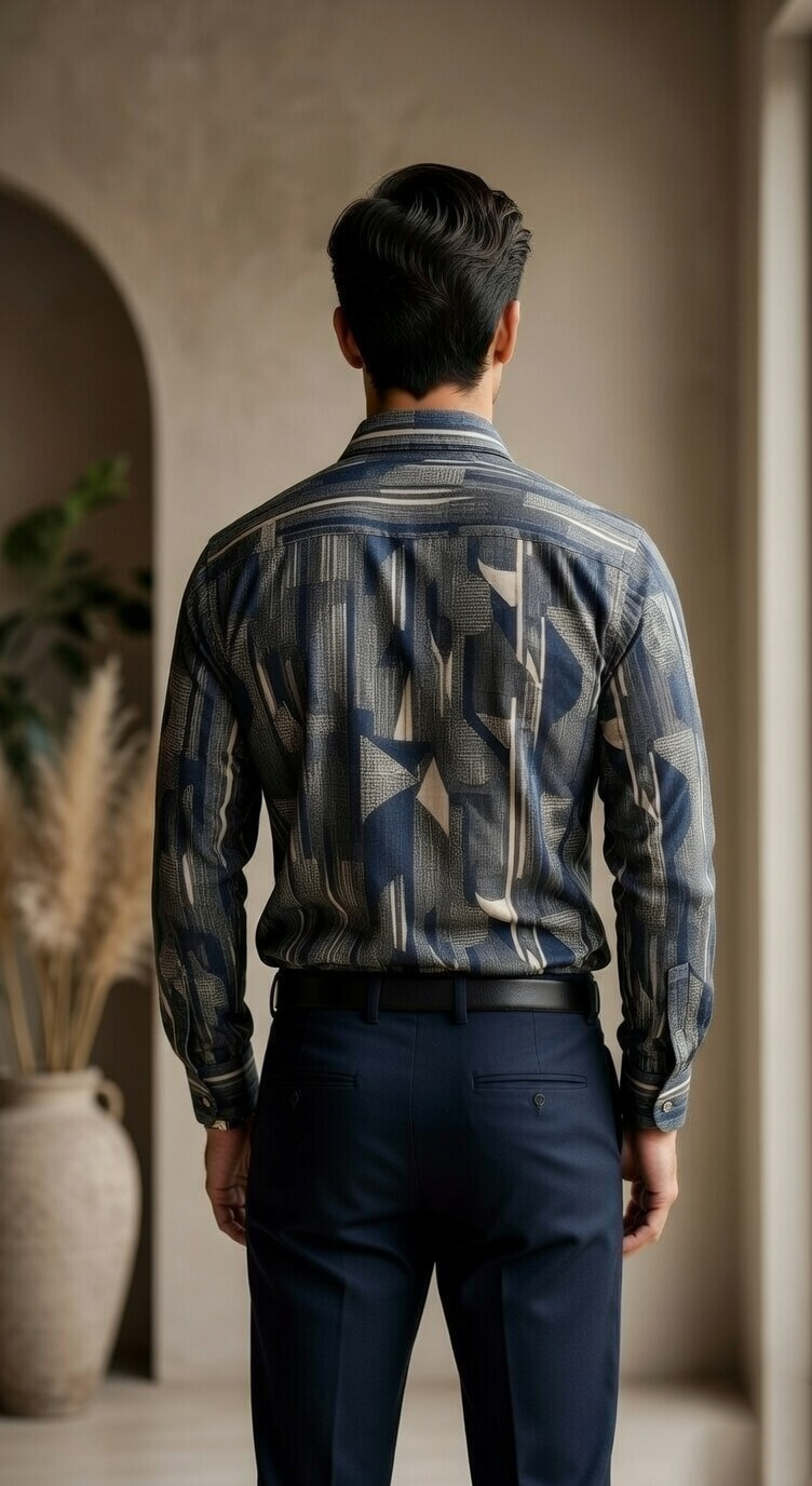 Designer Men’s Abstract Geometric Print Shirt – Modern Slate & Charcoal Art-Deco Motif - Image 3