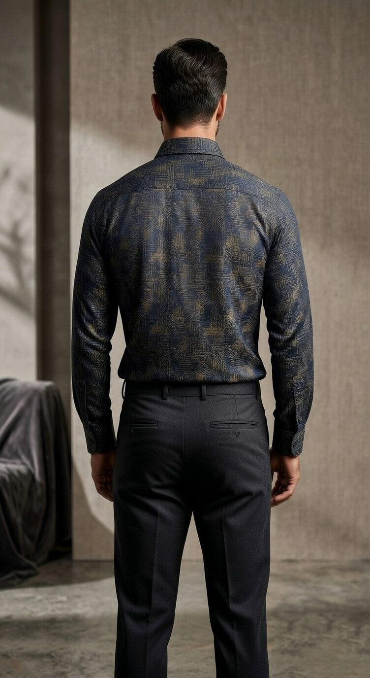 Designer Men’s Navy & Gold Jacquard Shirt – Abstract Cross-Hatch Textured Dress Shirt - Image 3