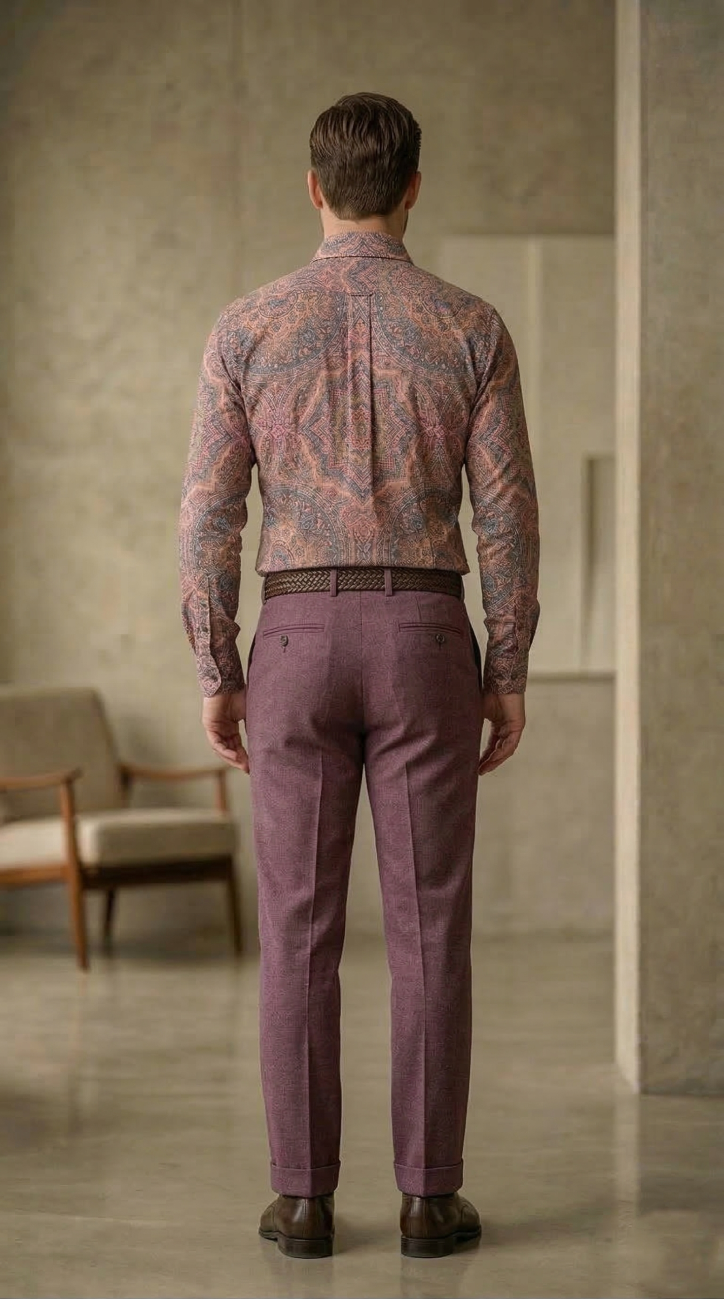 Designer Men’s Ornate Mandala Print Shirt – Sunset Copper & Plum Kaleidoscope Motif - Image 3