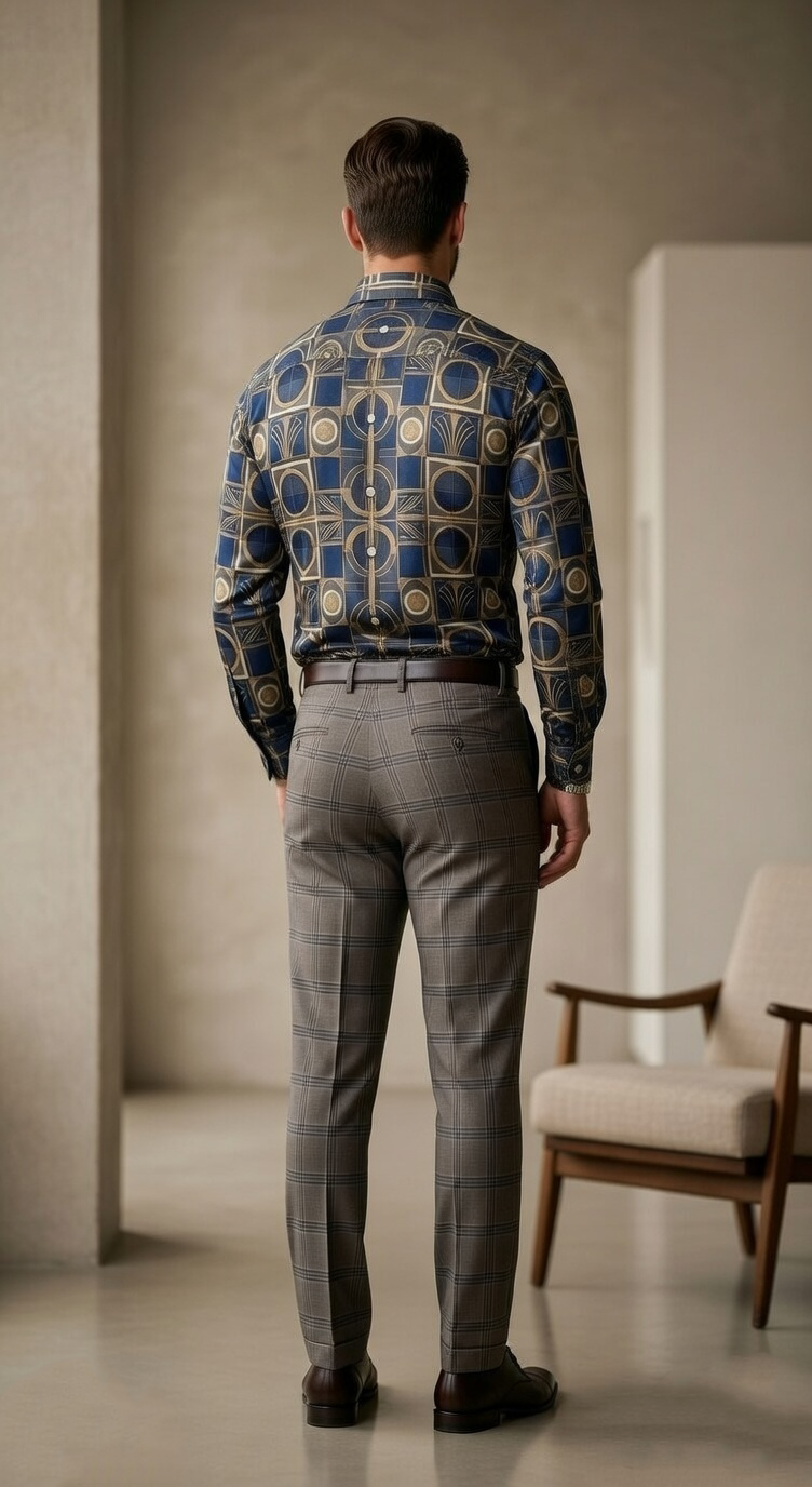 Designer Men’s Art Deco Tile Print Shirt – Navy & Gold Architectural Motif - Image 3