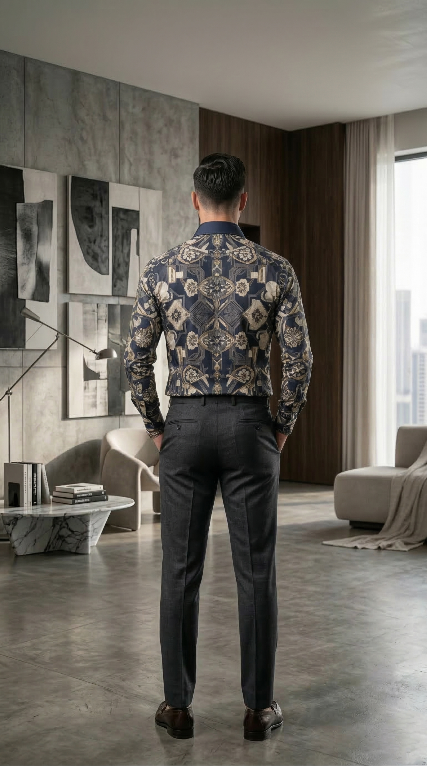 Designer Men’s Baroque Floral Print Shirt – Navy & Gold Botanical Geometric Motif - Image 3