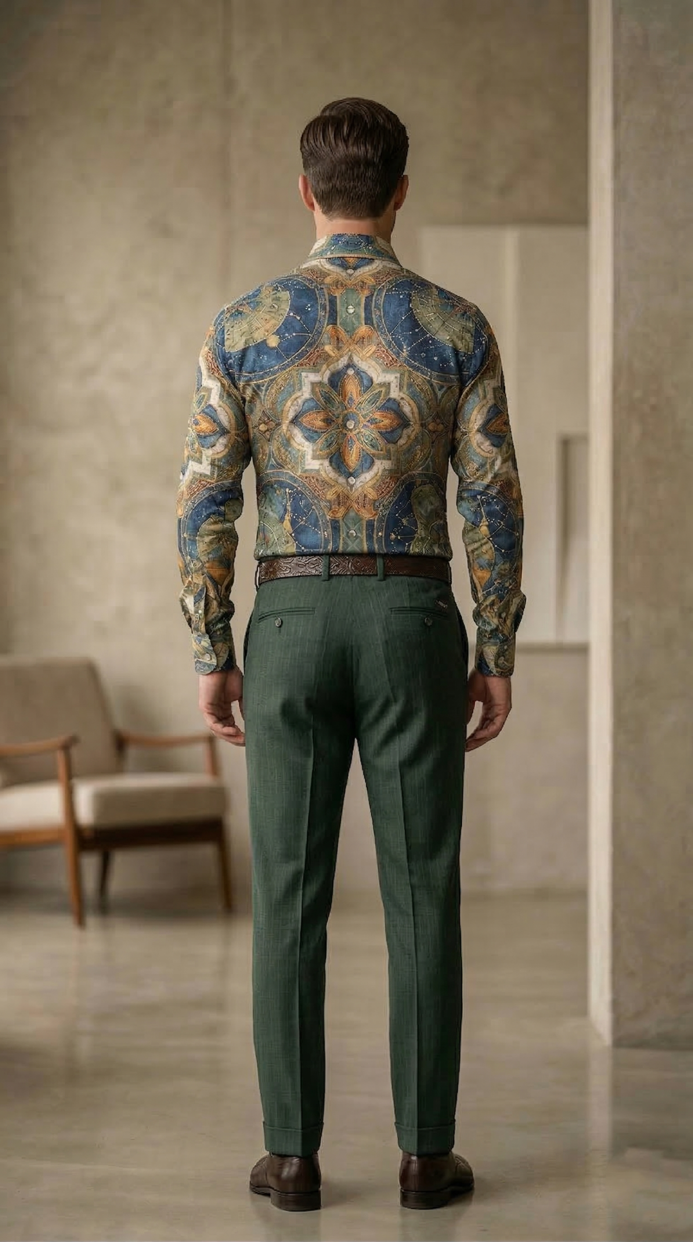 Designer Men’s Maritime Celestial Print Shirt – Deep Sea Teal & Ochre Compass Mandala Motif - Image 3