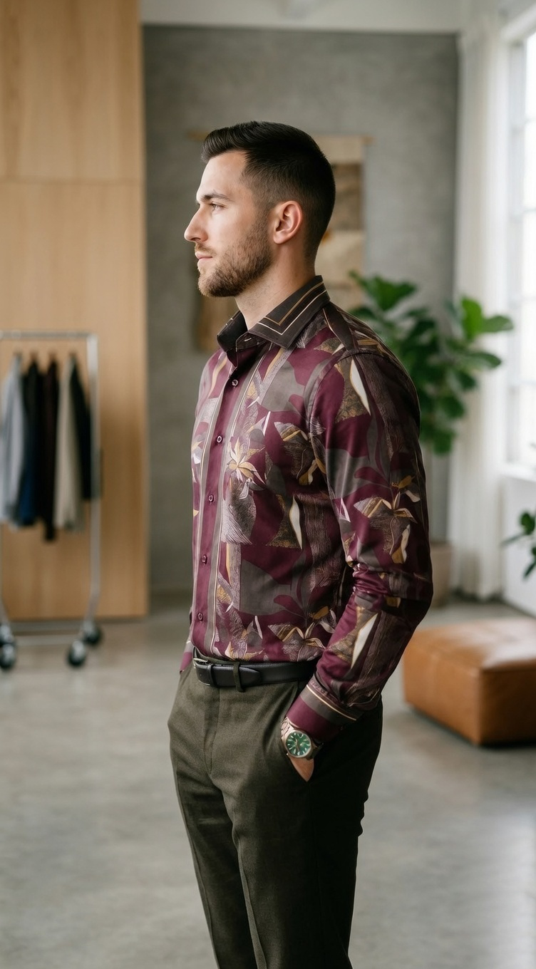 Men’s Designer Slim-Fit Abstract Mosaic Print Shirt – Burgundy & Olive Ochre - Image 4