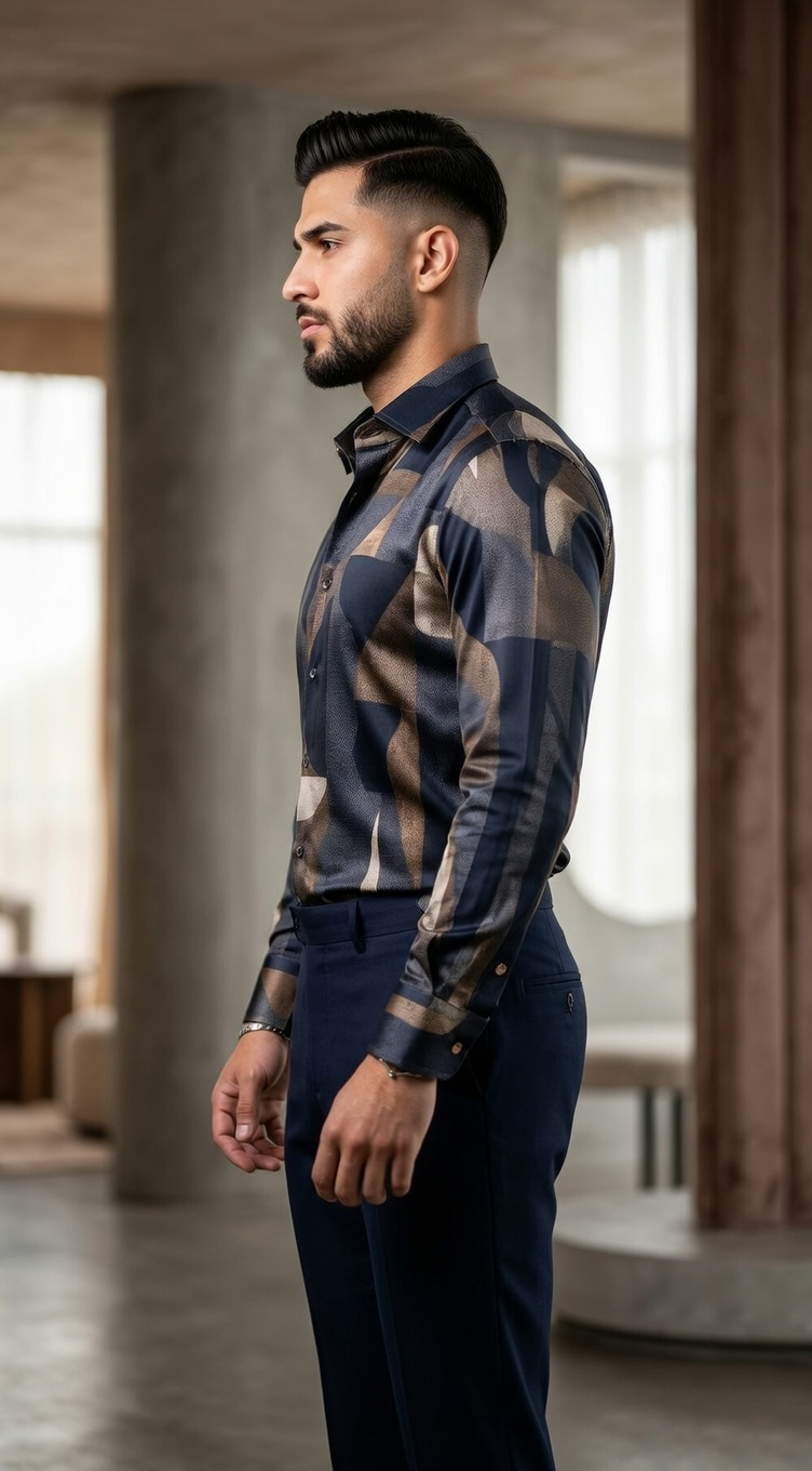Men’s Designer Slim-Fit Abstract Fragment Print Shirt – Midnight & Burnished Bronze - Image 4