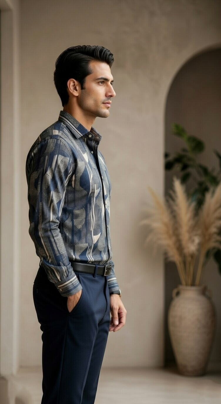Designer Men’s Abstract Geometric Print Shirt – Modern Slate & Charcoal Art-Deco Motif - Image 4