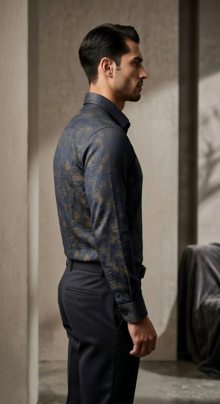 Designer Men’s Navy & Gold Jacquard Shirt – Abstract Cross-Hatch Textured Dress Shirt - Image 4