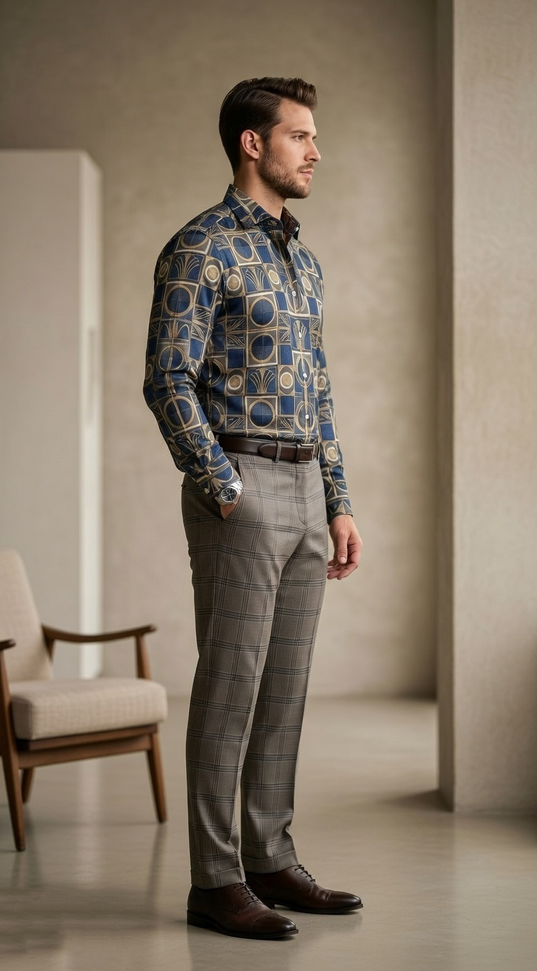 Designer Men’s Art Deco Tile Print Shirt – Navy & Gold Architectural Motif - Image 4