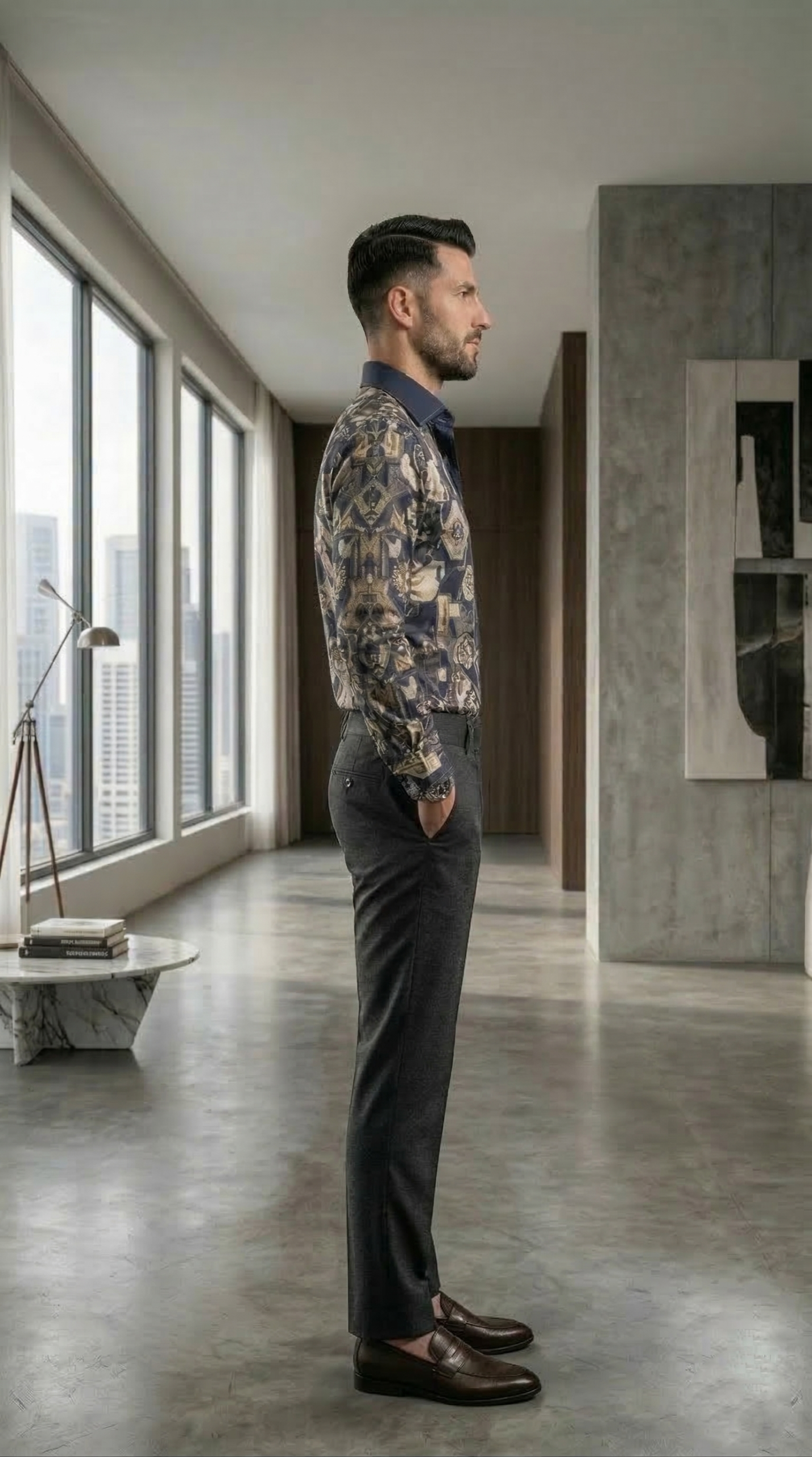 Designer Men’s Baroque Floral Print Shirt – Navy & Gold Botanical Geometric Motif - Image 4