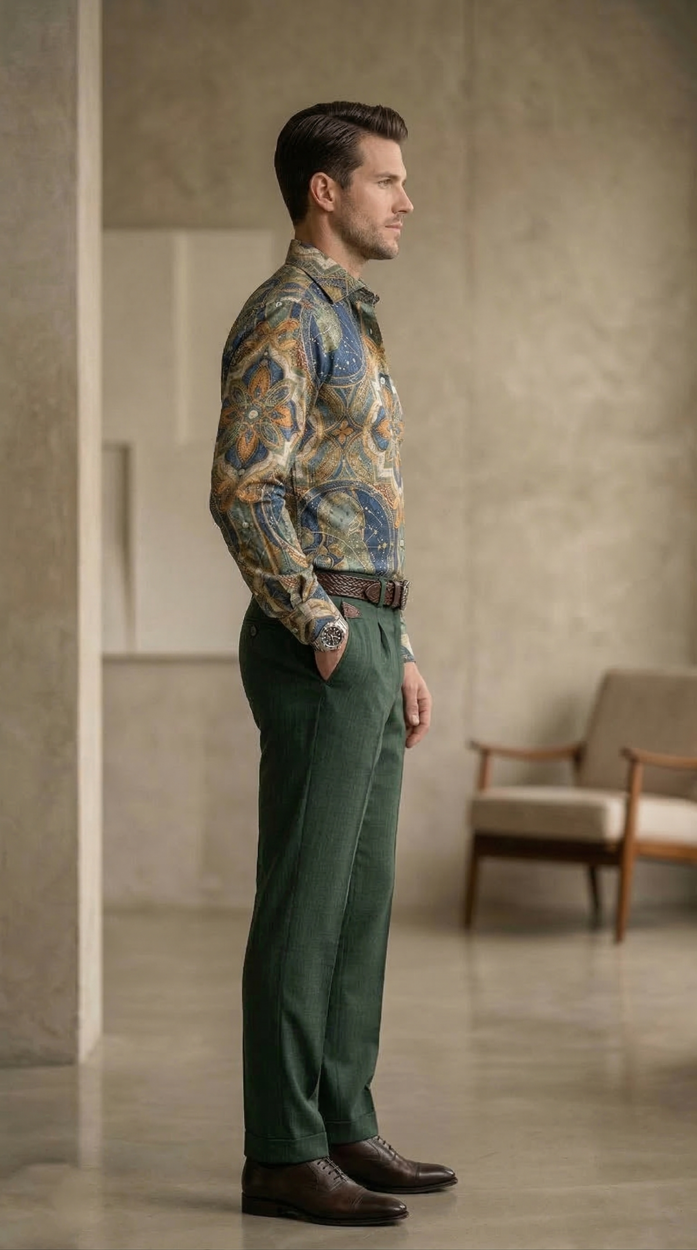 Designer Men’s Maritime Celestial Print Shirt – Deep Sea Teal & Ochre Compass Mandala Motif - Image 4