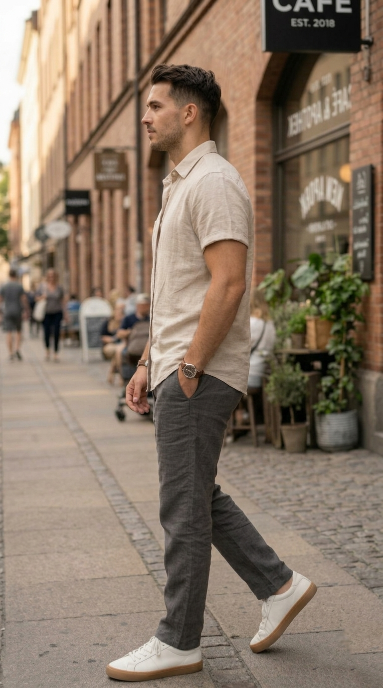 Men’s Light Beige Casual Short Sleeve Shirt – Premium Cotton Summer Shirt for Men | Stylish Relaxed Fit Button down Shirt - Image 2