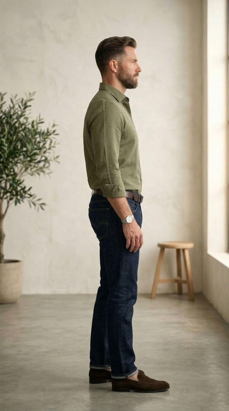 Men’s Premium Linen-Blend Button-Down Shirt in Olive Drab - Image 4