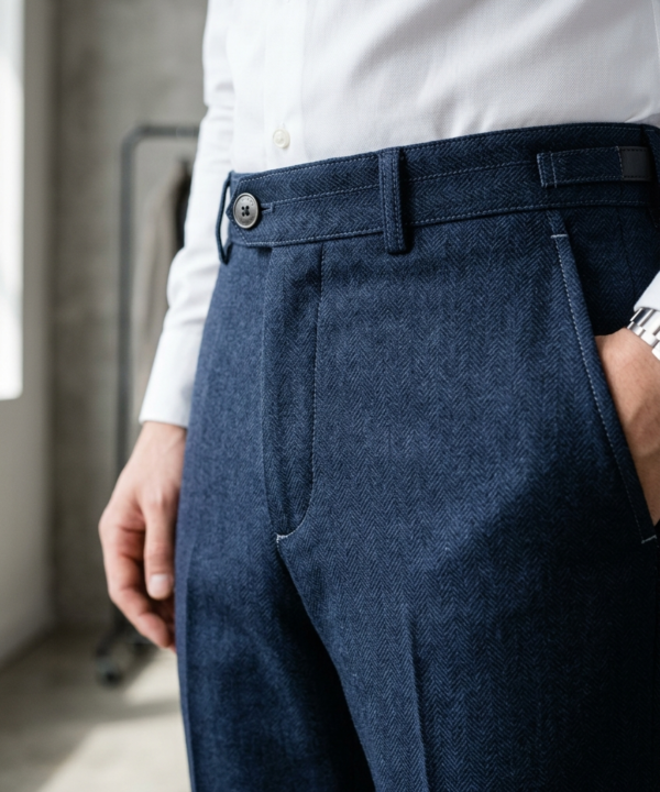 Men’s Navy Blue Herringbone Formal Trousers