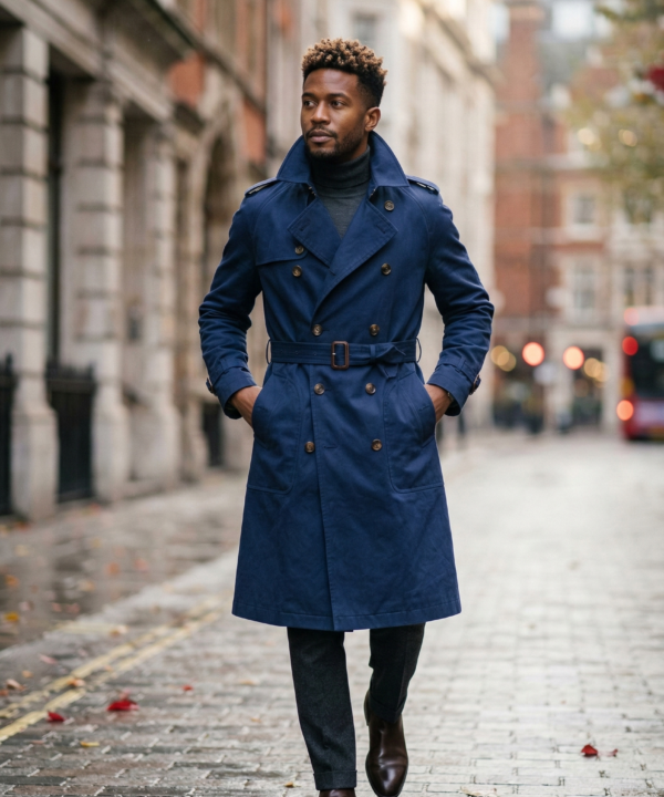 Men's Navy Double-Breasted Long Trench Coat