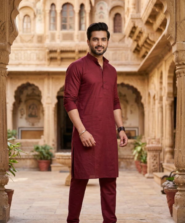 Men’s Wine Red Cotton Silk Plain Kurta Pajama Set
