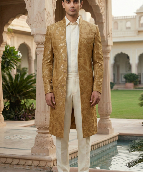 The Gilded Heritage: Gold Brocade Sherwani Set