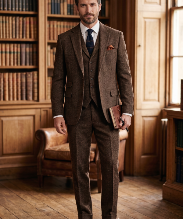 Classic Brown Herringbone Tweed Three-Piece Suit