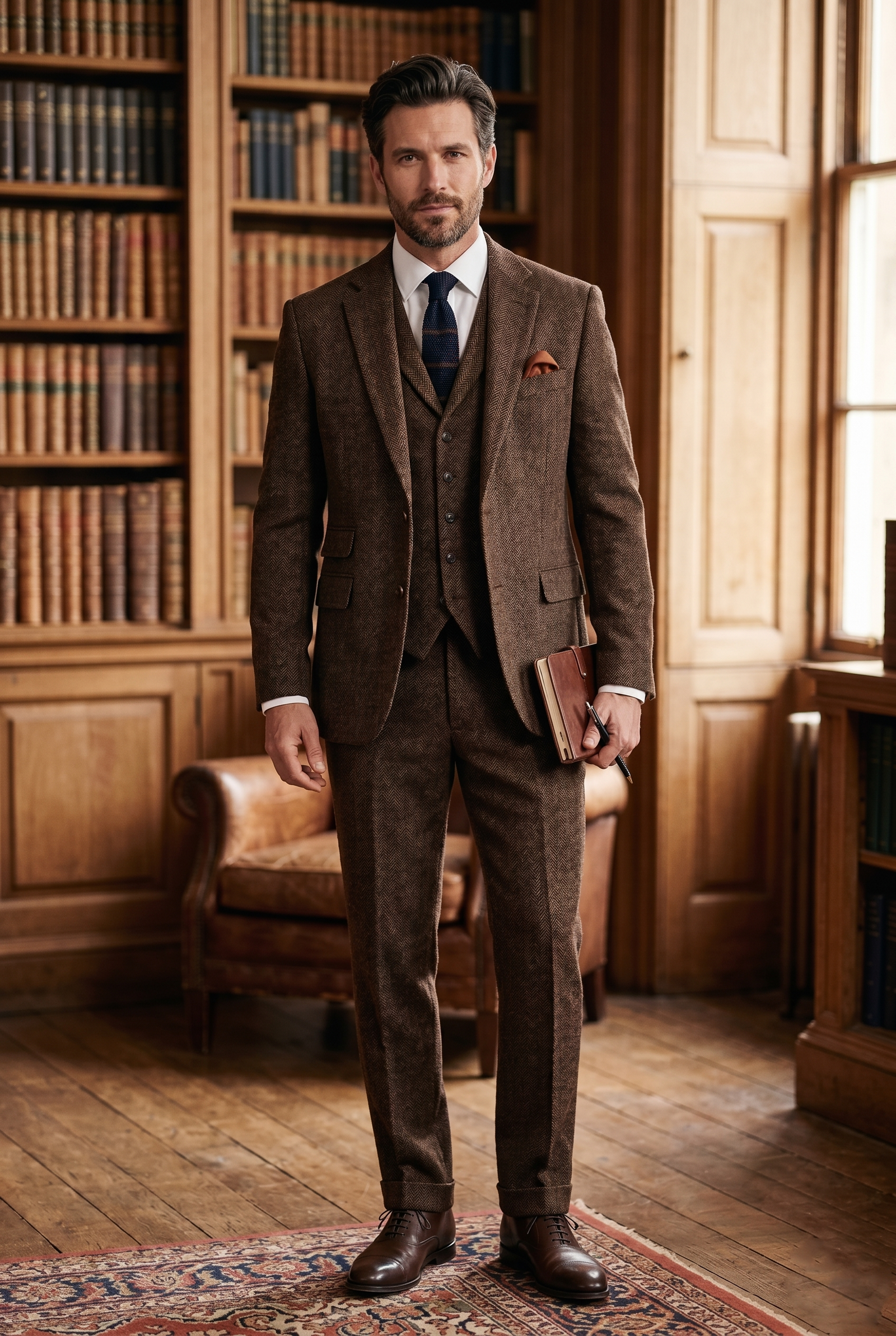 Classic Brown Herringbone Tweed Three-Piece Suit