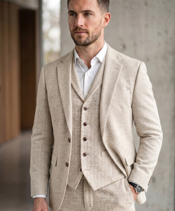 Oatmeal Ivory Herringbone 3-Piece Tweed Suit