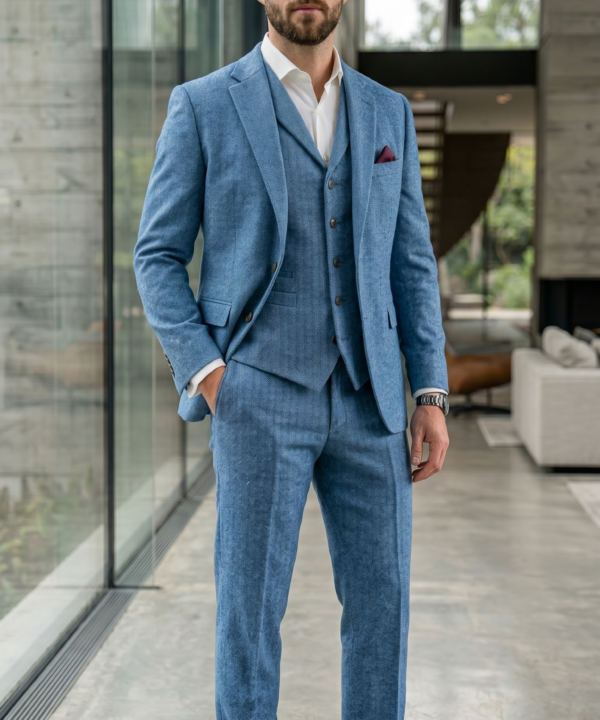 Blue 3-Piece Herringbone Tweed Suit