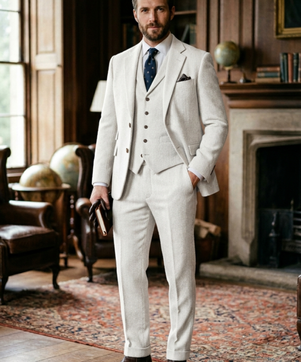 Winter White Herringbone 3-Piece Tweed Suit