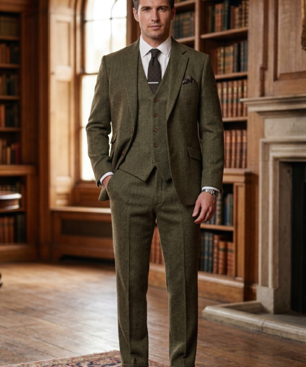 Olive Green Herringbone Tweed Three-Piece Tailored Suit