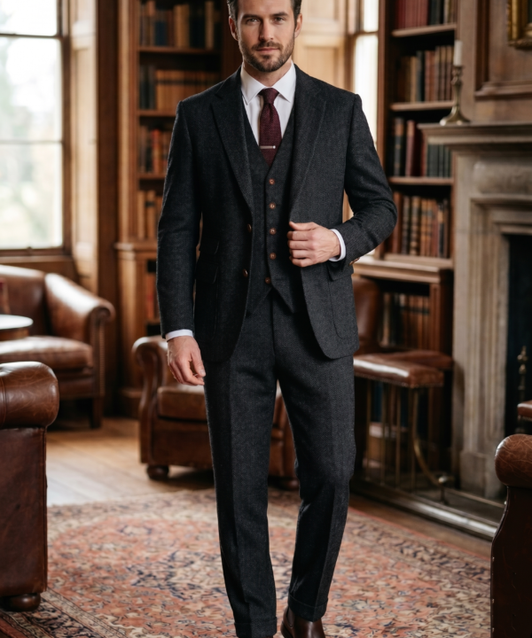 Charcoal Grey Herringbone Tweed Three-Piece Tailored Suit