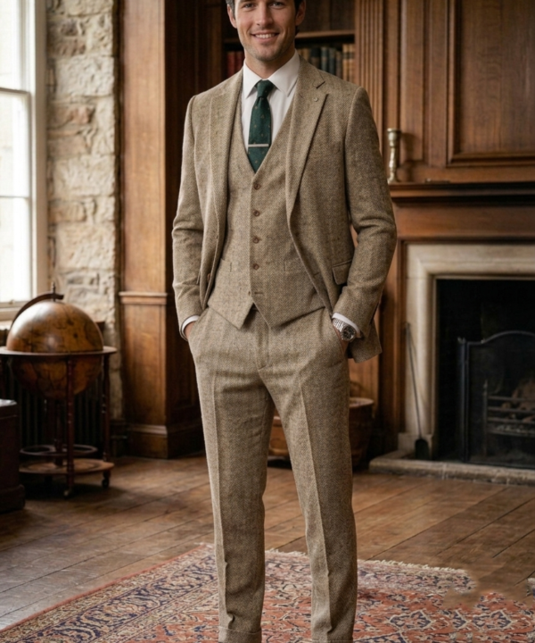 Oatmeal Herringbone Tweed Three-Piece Tailored Suit