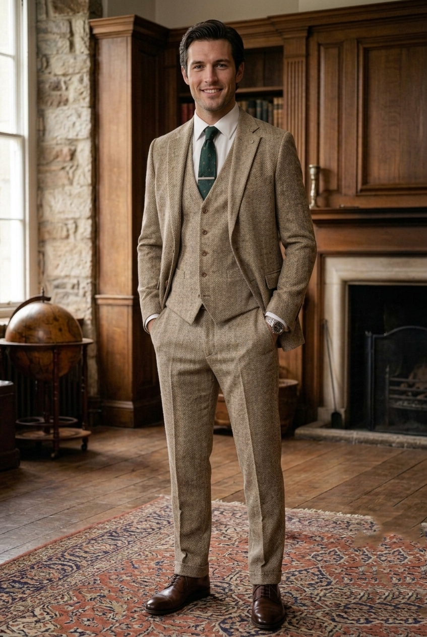 Oatmeal Herringbone Tweed Three-Piece Tailored Suit
