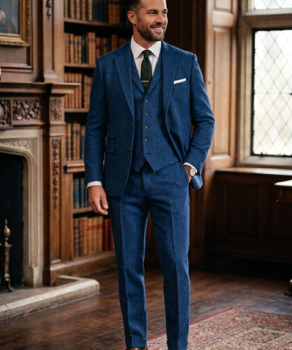 Indigo Blue Herringbone Tweed Three-Piece Tailored Suit