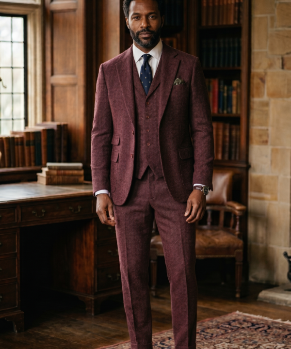 Burgundy Herringbone Tweed Three-Piece Tailored Suit
