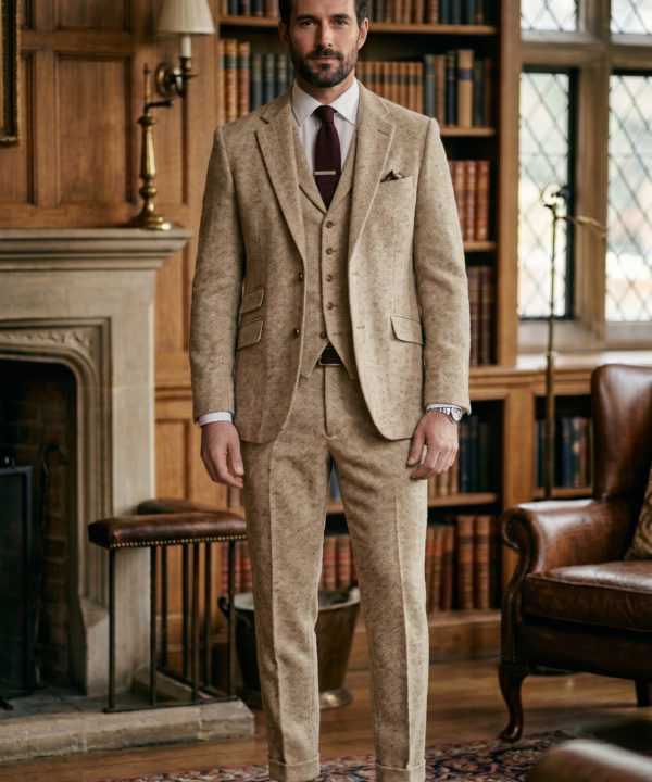 Cream Herringbone Tweed Three-Piece Tailored Suit